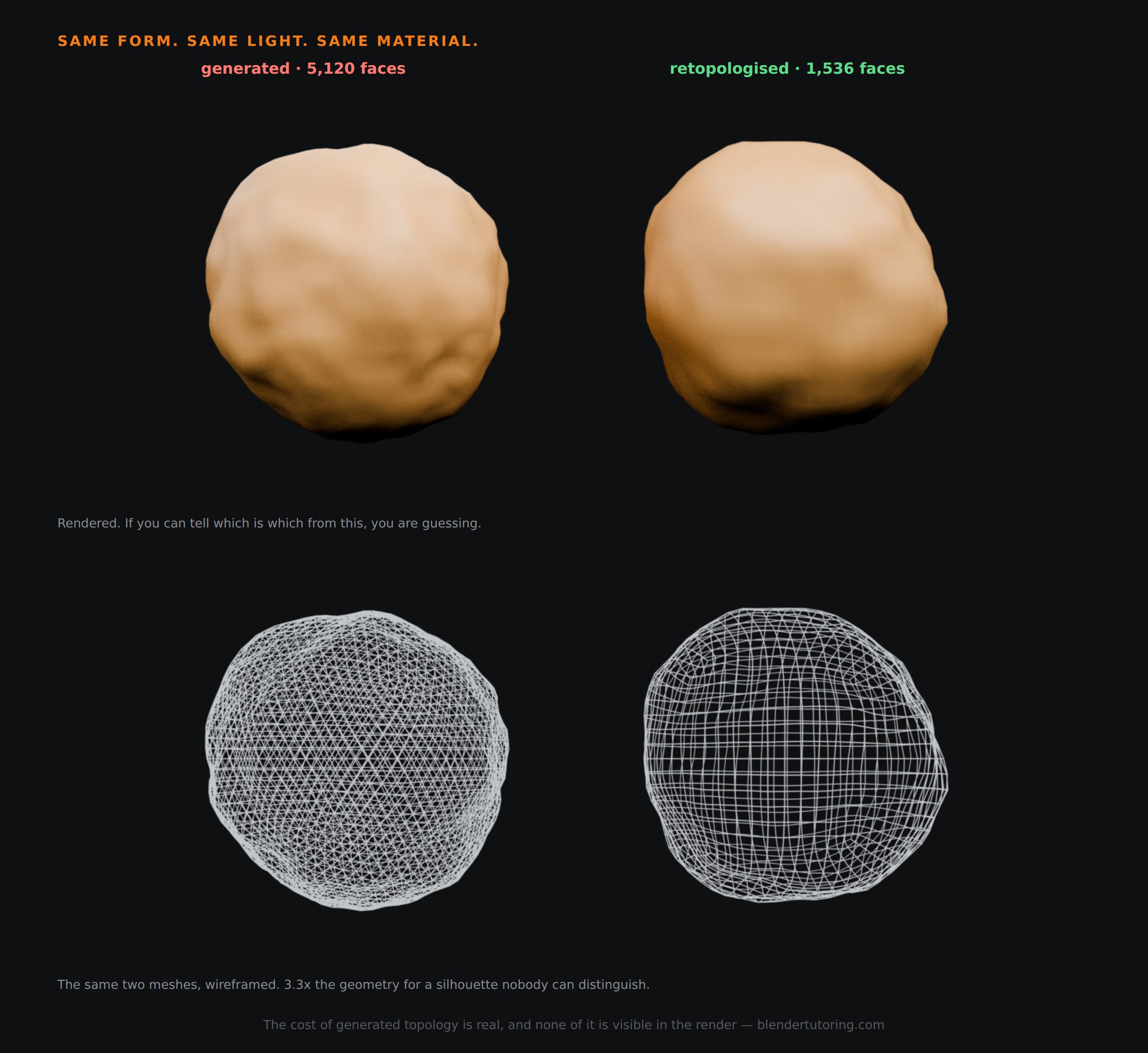 Two meshes of identical form rendered identically, with their wireframes showing 5,120 faces against 1,536